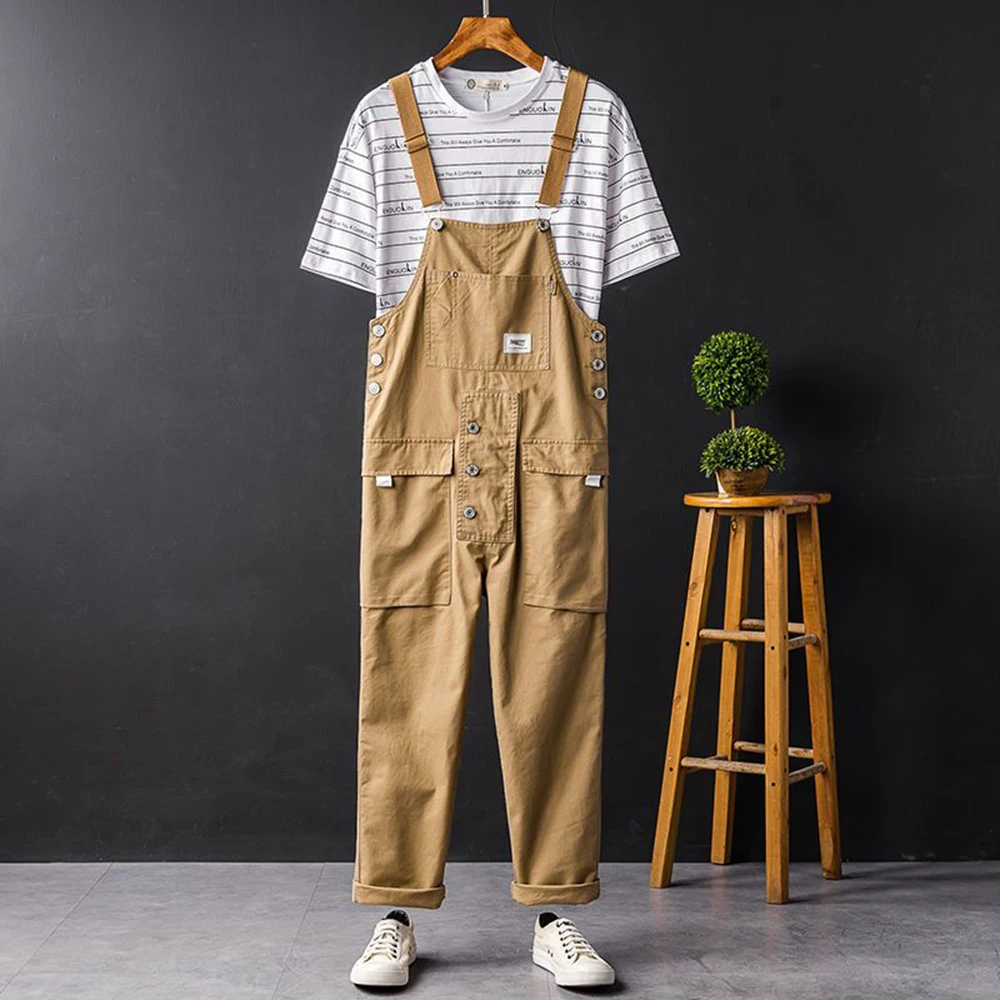 American High Street Solid Color Work Overalls 2024 New Fashion Ahmei Khaki Retro Loose Trend Casual Overalls Jumpsuit For Men