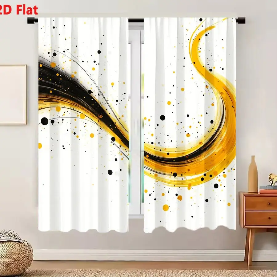 2Pcs Curtains 2D Flat Abstract Art With Dynamic Black And Golden Yellow Brushstrokes And Scattered Dots On White Background Wind