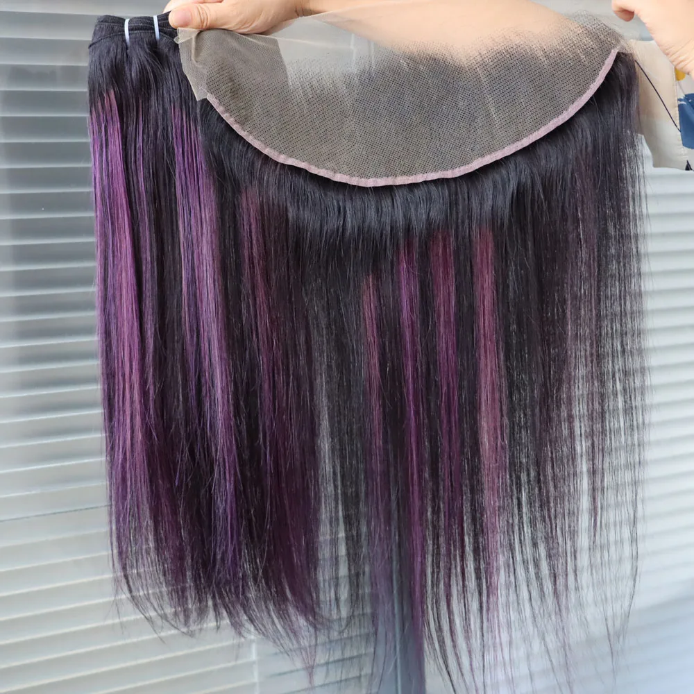 الجملة عذراء الشعر البشري تسليط الضوء على البيانو أومبير اللون 1B حزم الشعر البرازيلي الأرجواني مع إغلاق أمامي الدانتيل لكامل الرأس