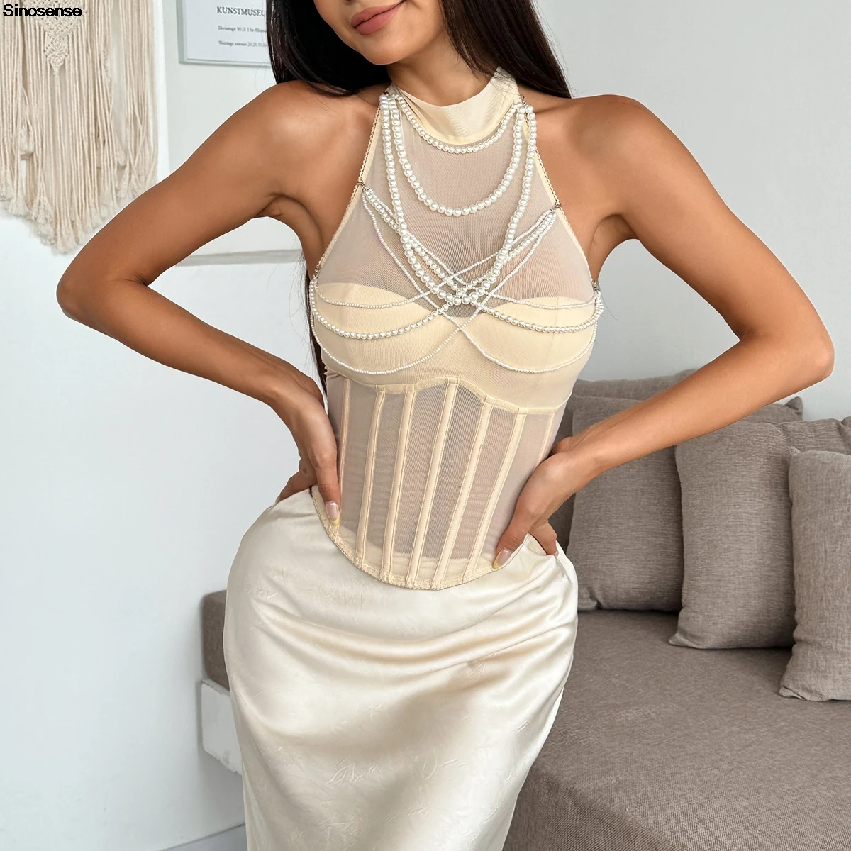 

Women Elegant Sheer Corset Halter Top Sexy See Through Mesh Pearl Chain Boned Bustier Tops Y2K Date Night Out Club Party Tops