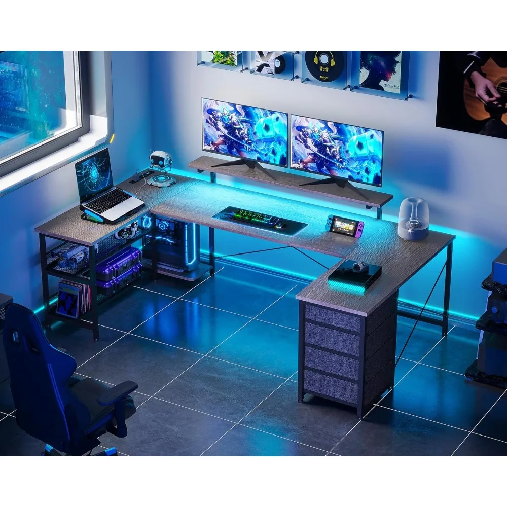 

ODK U Shaped Desk with Power Outlets & LED Strip & Monitor Stand, 66" Reversible L Shaped Desk with Drawers and Storage Shelf