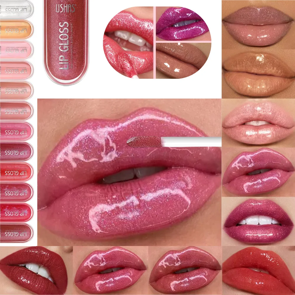 USHAS 12 colores espejo fino flash lápiz labial líquido color nacarado impermeable a prueba de sudor taza antiadherente brillo de labios