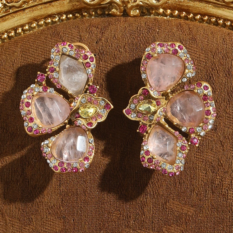 

Vintage Pink Crystal Flower Earrings Petal Butterfly Natural Stone Antique Gold Color Accessories Women Luxury Quality Jewelry