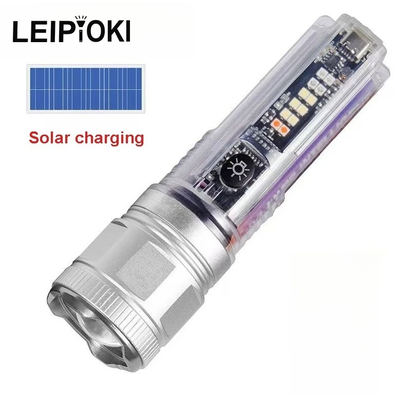 

Super Bright Solar Charging Flashlight 20W White Laser Wick UV Light 18650 Battery Power Bank telescopic zoom Tactical Torch