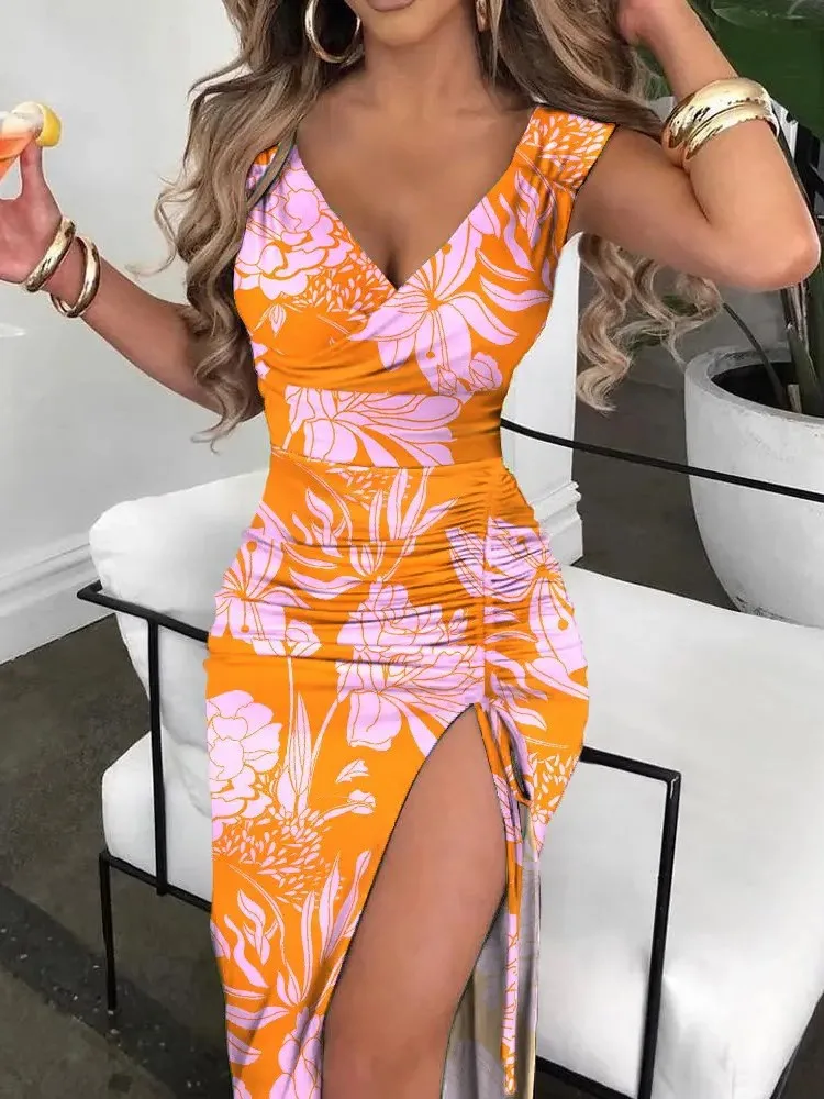 

Summer Fashion Sexy V-neck Dress Women's Elegant Sleeveless Mid-waist Print Contrast Color Split Comfortable Casual Dresses