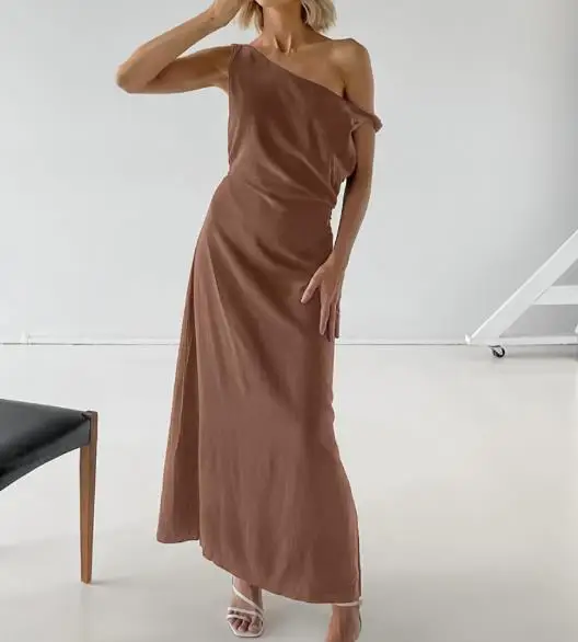 

2025 Retro Spring Summer Casual Cotton Linen Brown Irregular Collar Short Sleeved Slim and Sexy Dress