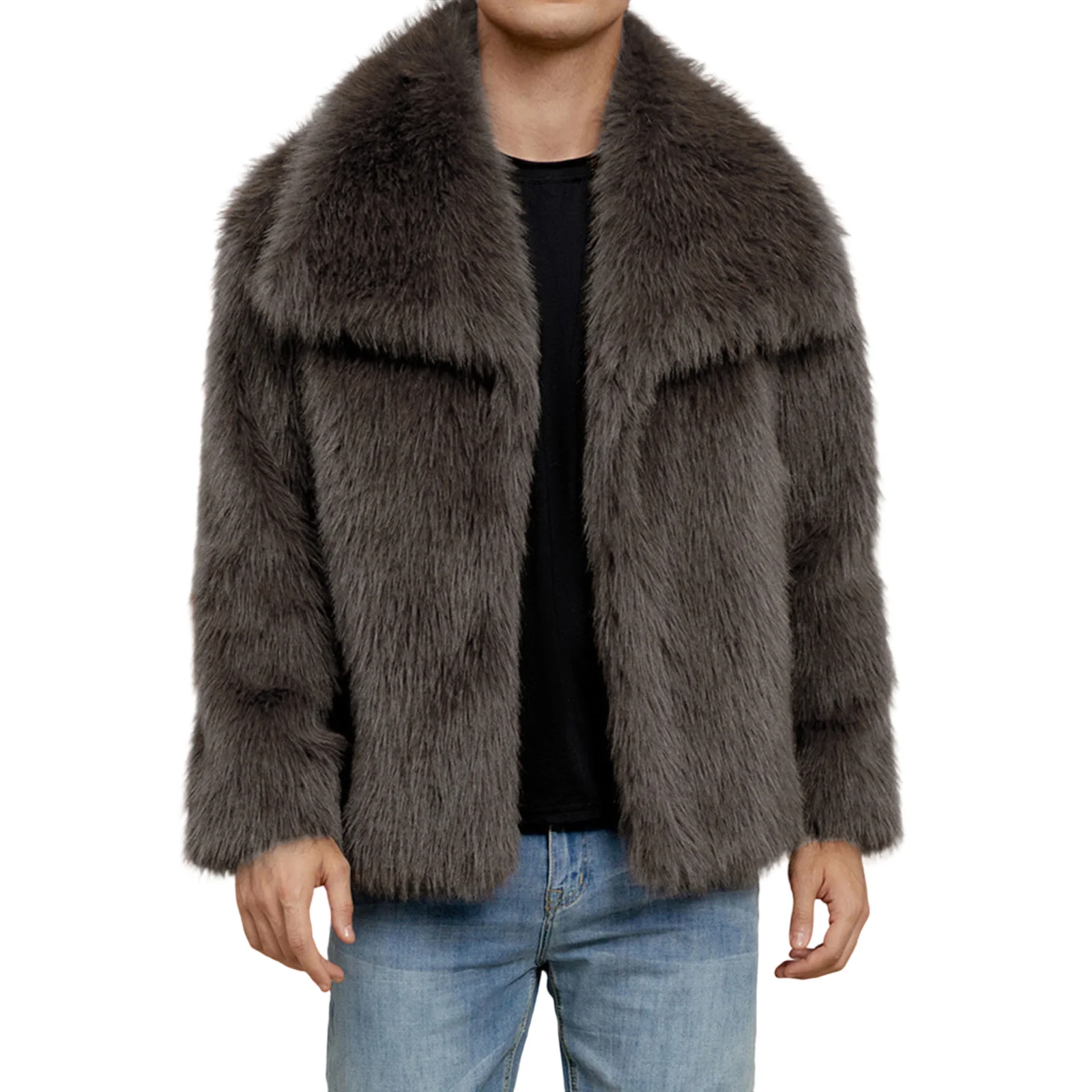 

Men's Faux Fur Coat Winter Open Front Solid Color Thick Parka Jacket Fashion Lapel Collar Outerwear