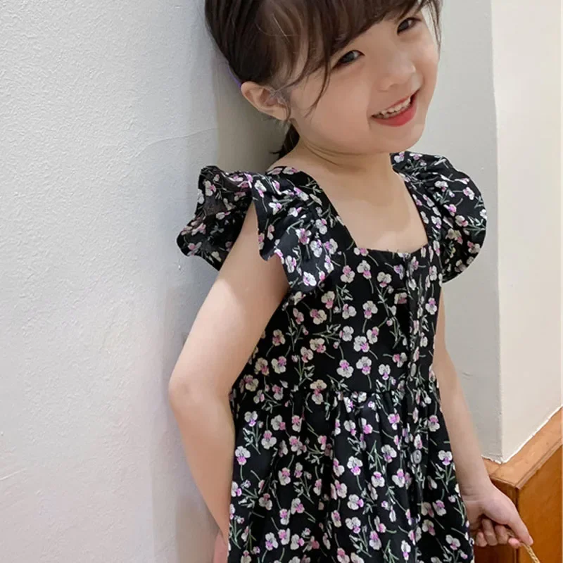 Summer Girls' Dress  Flying Sleeve Long Beach Dress Sweet Princess Dress Square Collar Children'S Baby Kids Clothing For Girl
