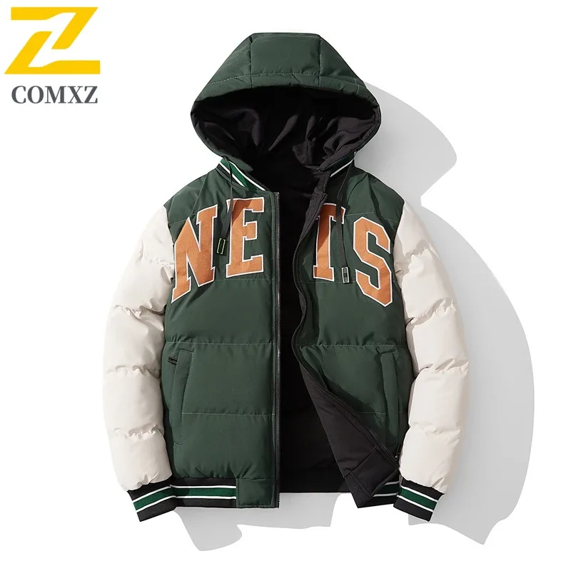 

COMXZ Men Padded Jacket Letter Print Sporty Loose Plus Size Travel Running Quilted Jacket Snowy Hooded Minimalist Bread Jacket