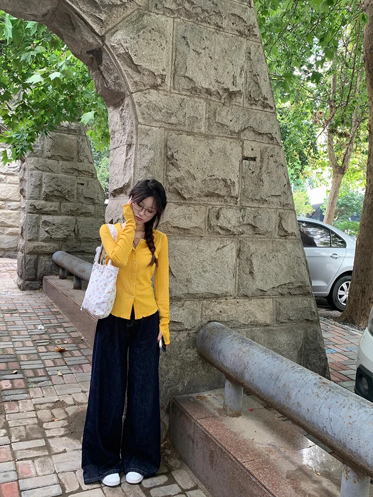 Yellow Long Sve Knitted Open Cardigan T-irt Women's Spring Autumn Slimming ort Sle Unique Design Faionable Top