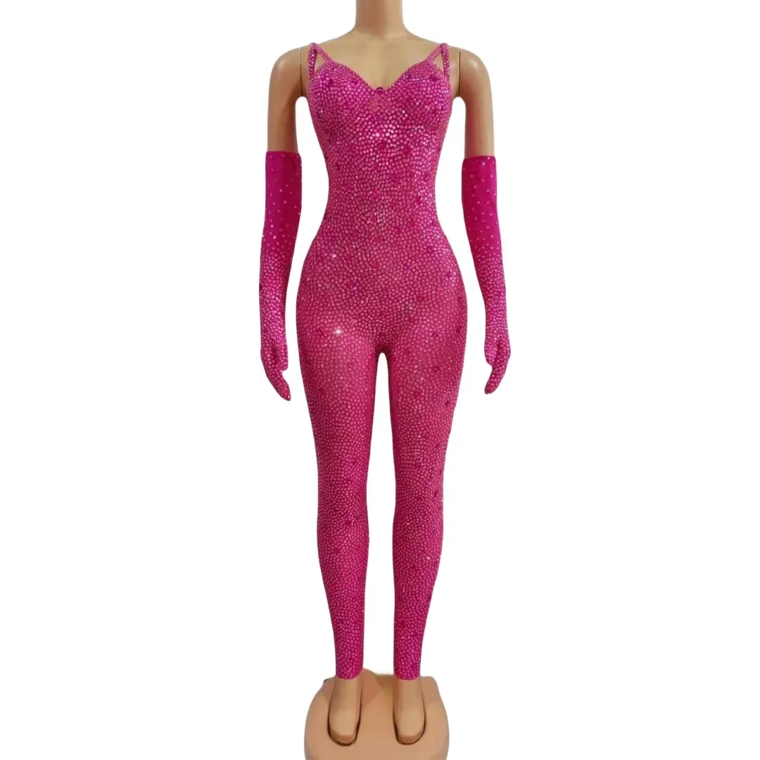 

Sling Full Rhinestone Jumpsuits With Gloves For Women Luxury Bodysuits Singer Dancer Charming Glitter Stage Wear Photography