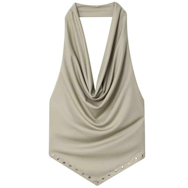 HXAO 2025 Rivet Halter Neck Tops For Woman Autumn Sexy Crop Ruffled Tanks & Camis Female Sleeveless Backless Tank Top Chic Vests