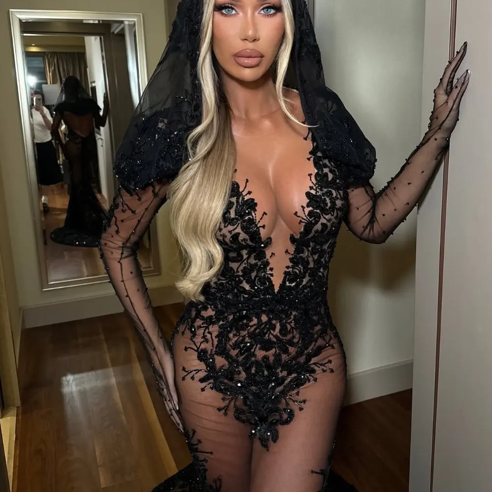 

Black Lace Hooded Mermaid Evening Gown with Long Train Sheer Backless Beaded Dress, Long Sleeve Formal Party Prom Dress, Gothic