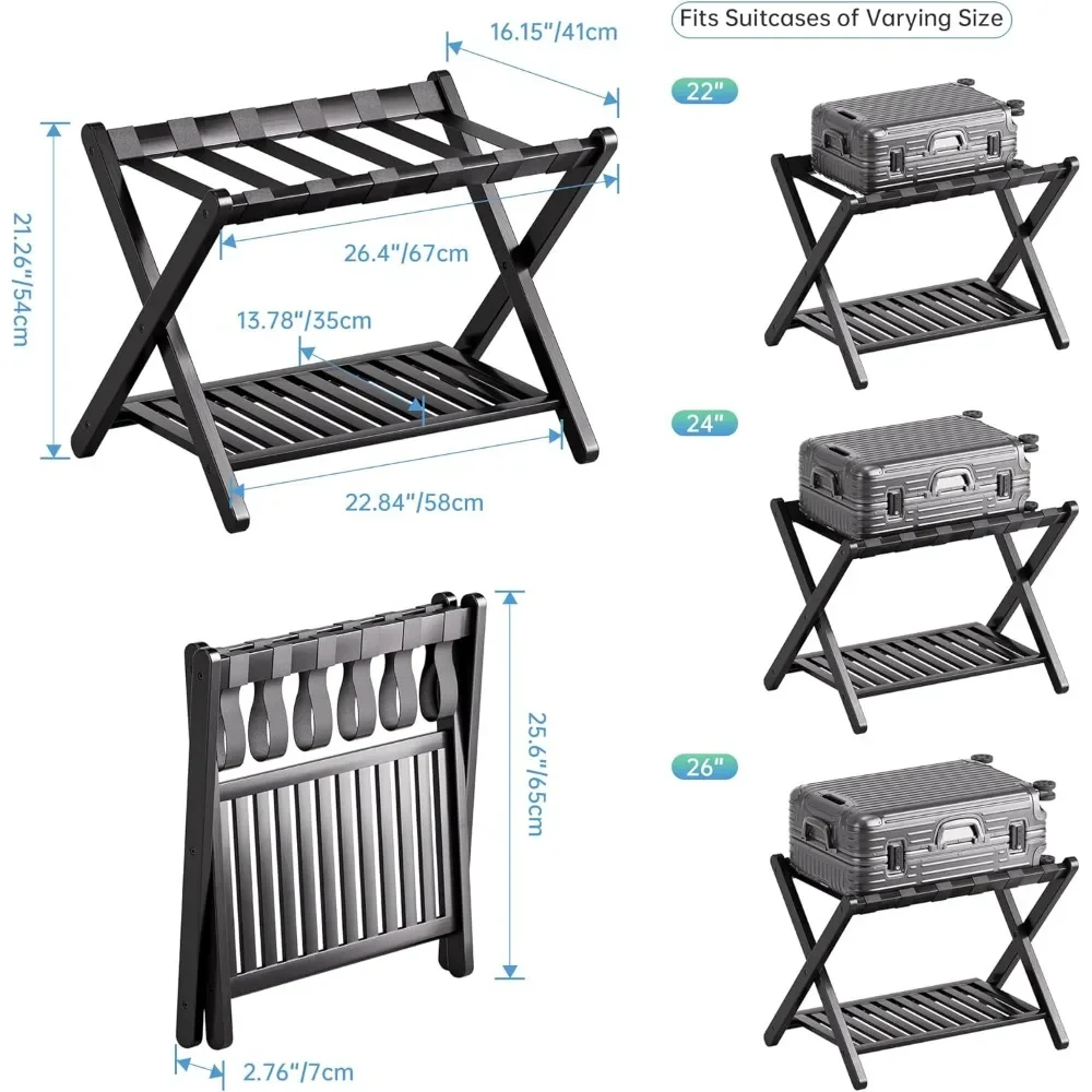 

Luggage Rack, Set of 2, Foldable Bamboo Suitcase Stand with Storage Shelf for Guest Room, Bedroom, Hotel, Heavy-Duty