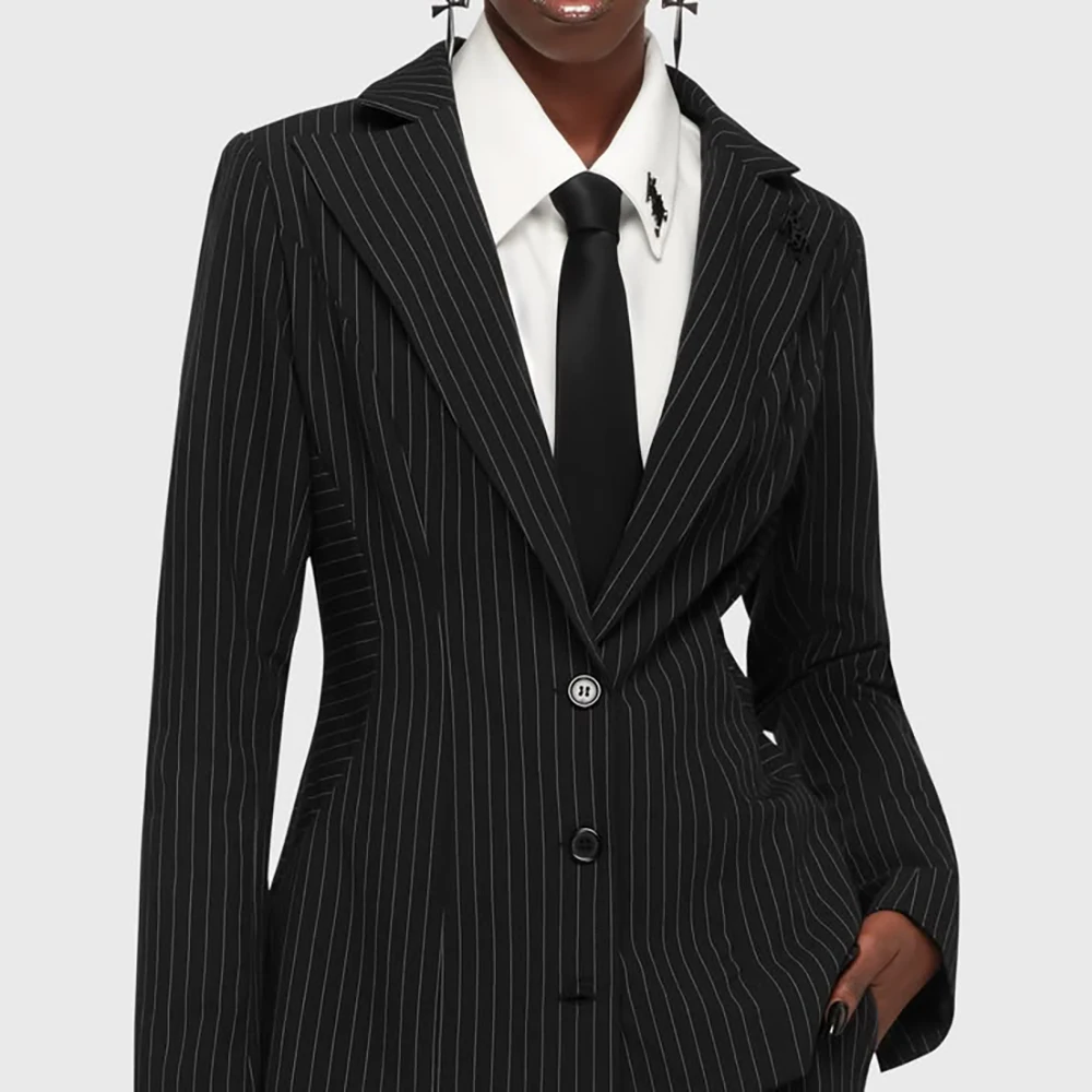 Elegant Black Pinstripe Women's Blazers and Suit Sets Single Breasted 2 Piece Jacket Pants Formal Classic Office Lady Wear
