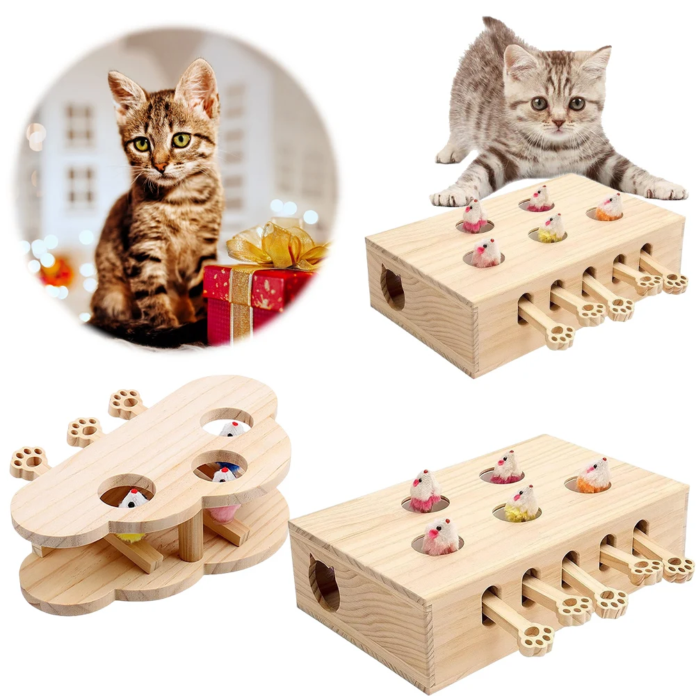 Cats Whack A Mole Game Cat Pop Up Toy 3/5-Holed Whack A Mole Cat Toy Funny Wooden Hunting Toy Box Interactive for Indoor Cats