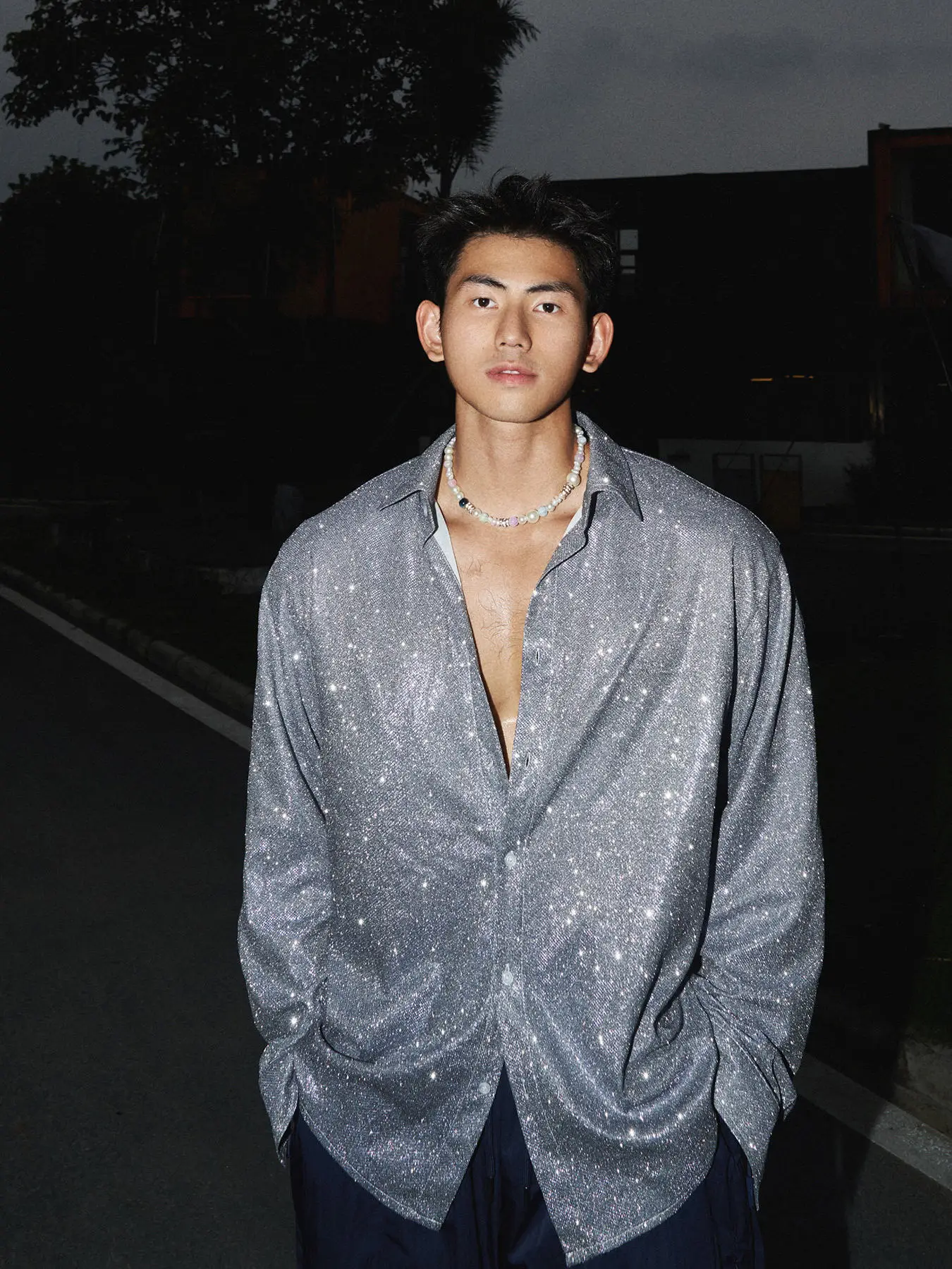 Original Autumn Soft Light Sparkle Point Men's Long Sleeve Collar Shirt Date Spring Summer Casual Loose Fit Glittering Button up