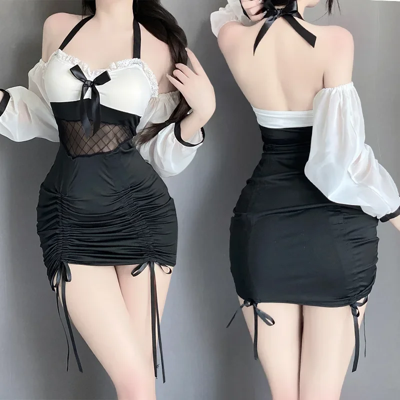 

Sexy Lingerie Halter Sleepwear Office Lady Erotic Cosplay Costumes Outfits White Black Seductive Secretary Nightclub Uniform Set