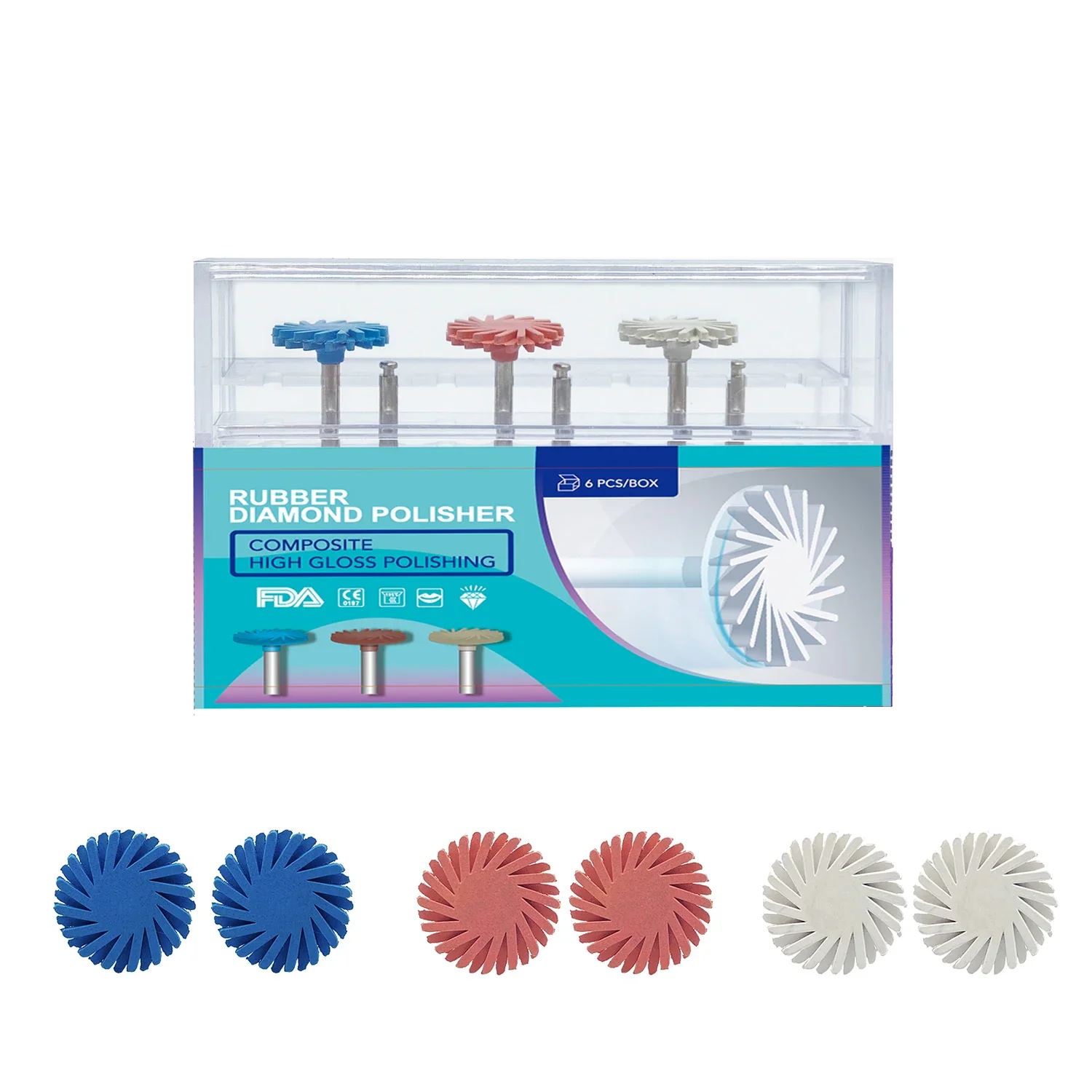 

Dental Diamond Rubber Polisher Composite Resin Polishing RA Shank 14mm Wheel Spiral Brush Flex Burs Dentistry Tool Lab 6Pcs/Kit