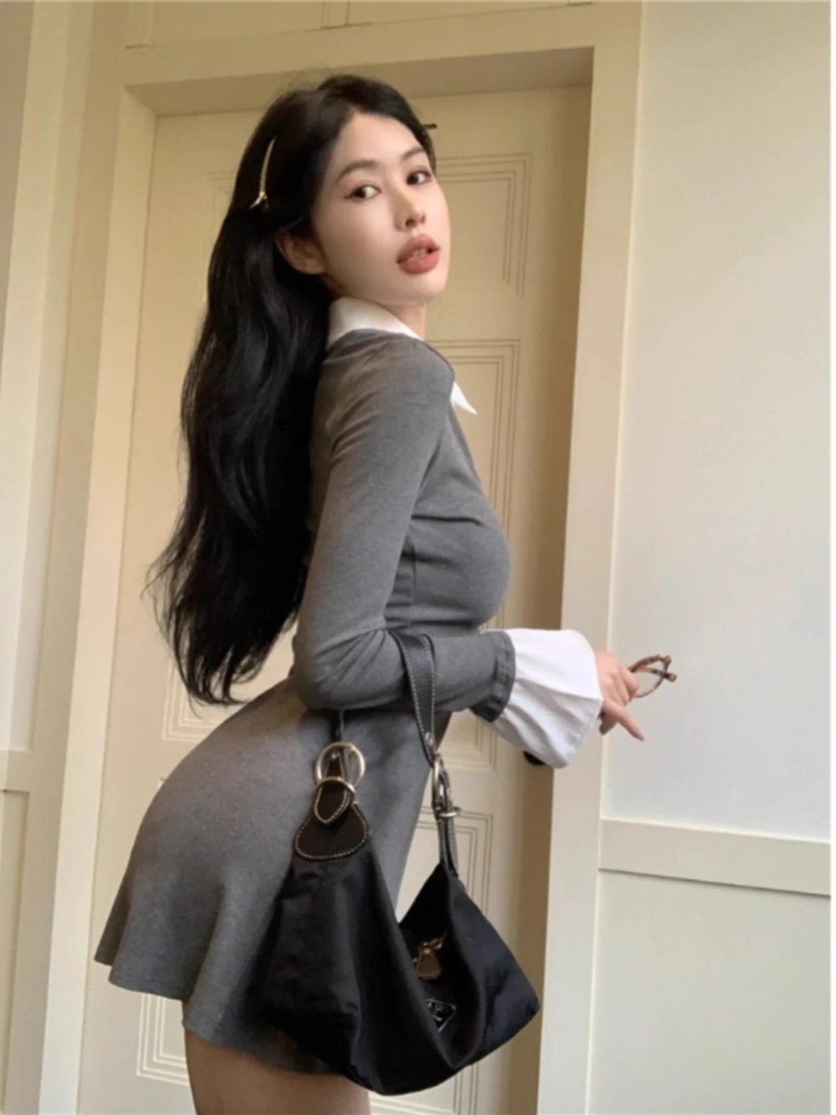 Colletto coreano chic ort Dr Donna Primavera Autunno Nuova vita Cinching Cappotto dimagrante Partita interna Gonna grande Gonna a trapezio