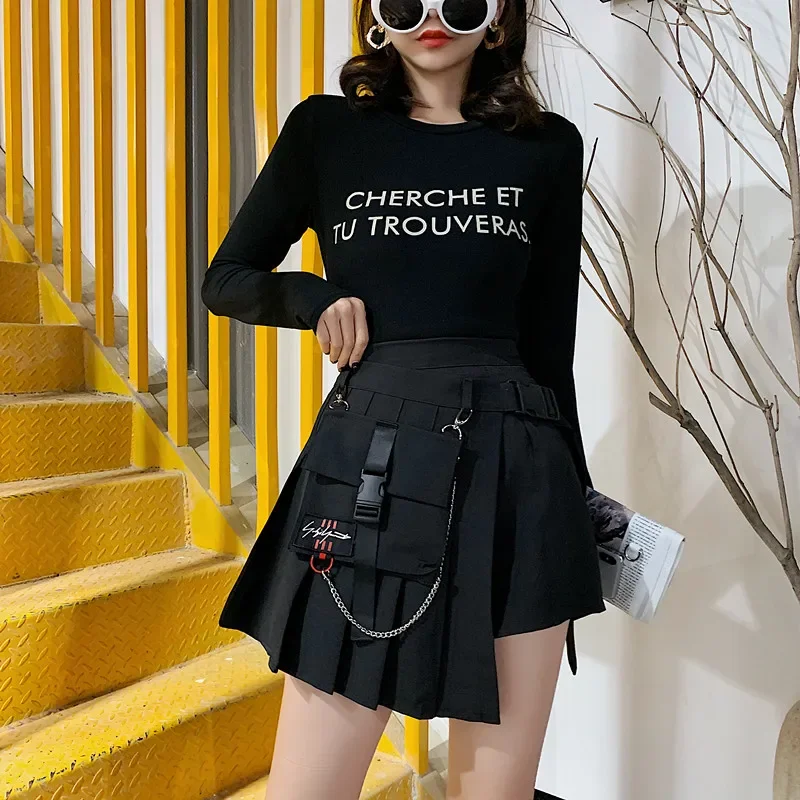 Spring Autumn Gothic Punk Harajuku Women Shorts Casual Cool Chic  Black Female Fashion Waist Bag Embroidery Pocket Chain Skirts