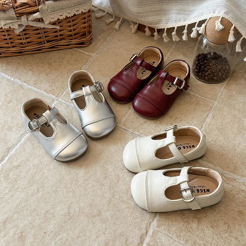 Toddler Leather T-Strap Mary Jane First Walkers Princess Single Buckle Soft Sole Retro Casual Footwear Kids Shoes for Girl