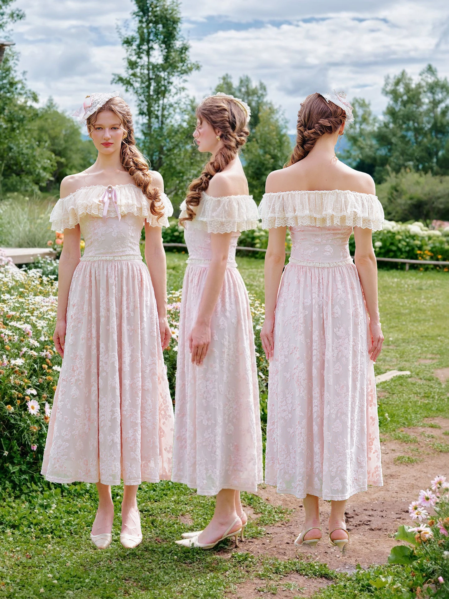 Pink Lace One-Shoulder Set for Girls Field Flower Affairs Gentle Series Half Skirt Matching Top Zipper Closure Regular Fit
