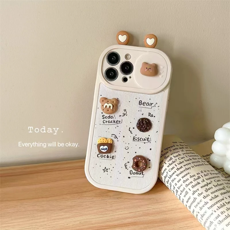 Coffee Biscuit Cute Bear Large Sight Window Sliding Camera Phone Case for iPhone 15 14 13 12 Pro Max 11 3D Love Ear Cover Coque