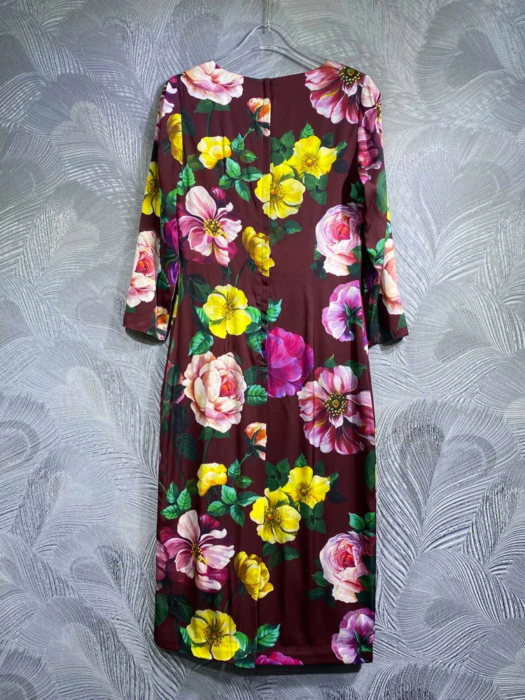 Seqinyy Elegante Midi Jurk Paars Rood 100% Zijde Zomer Nieuwe Mode Design Vrouwen Catwalk Halve Mouw Vintage Bloemenprint