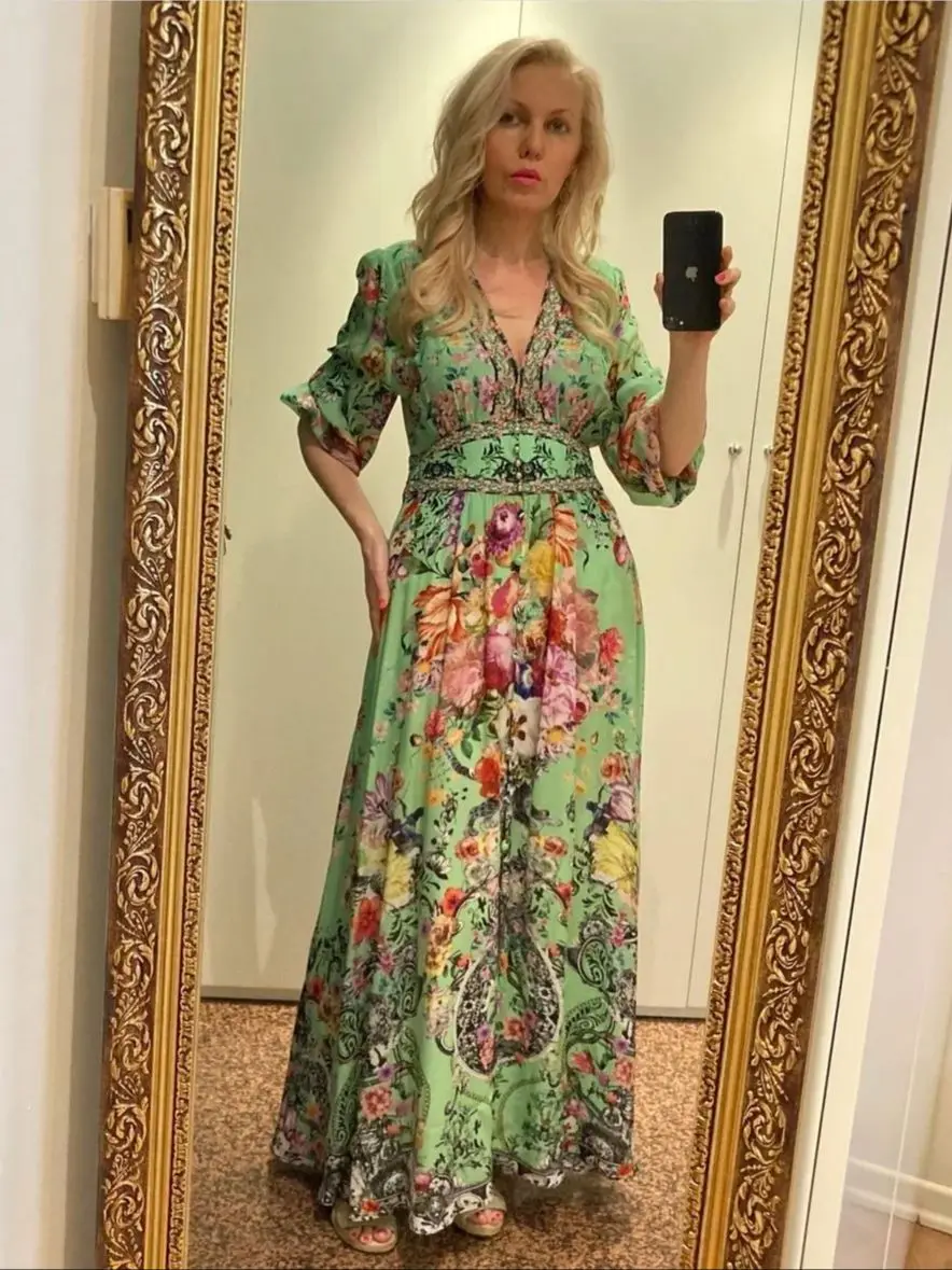 

Floral Printed Women's Holiday Green Maxi Dress Crystal Beaded Elastic Waist Long Sleeve V-Neck Elegant Ladies 100% Silk Robe