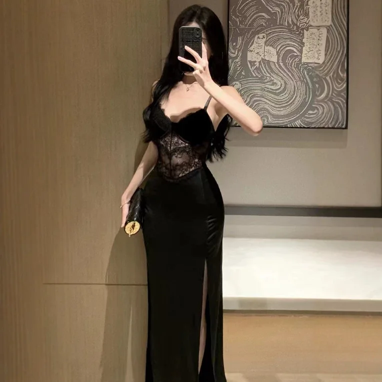 Elegant Hollow out Black Lace Dress with Waist Cinching Side Slit And Strapless Design Women's Summer Thin Fabric Gown
