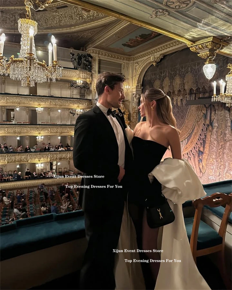 Elegant Black and White Strapless High-Low Evening Dress