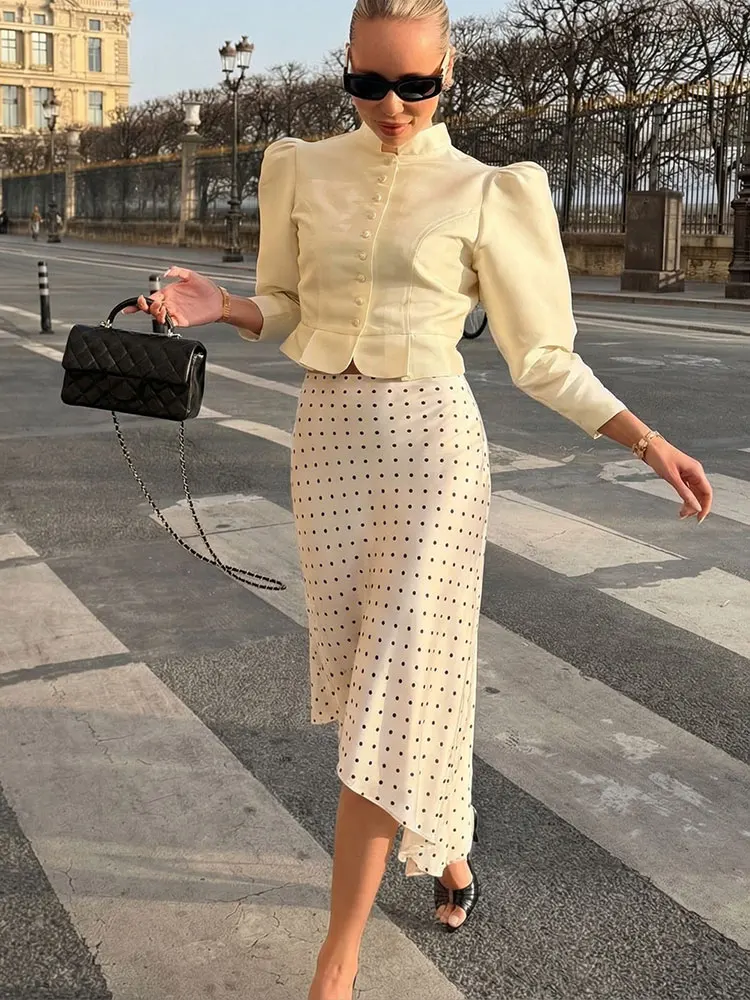 HH 2026 Summer Women Trend Polka Dot Pring Midi Skirt Asymmetrical Elastic Waist Skirts Fashion Y2K High Street Lady Chic Skirt