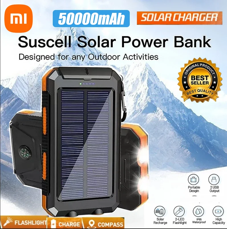 Xiaomi 50000mAh Solar Power Bank Portable Charging Powerbank External Battery Charger Strong Light LED Light For IPhone Samsung