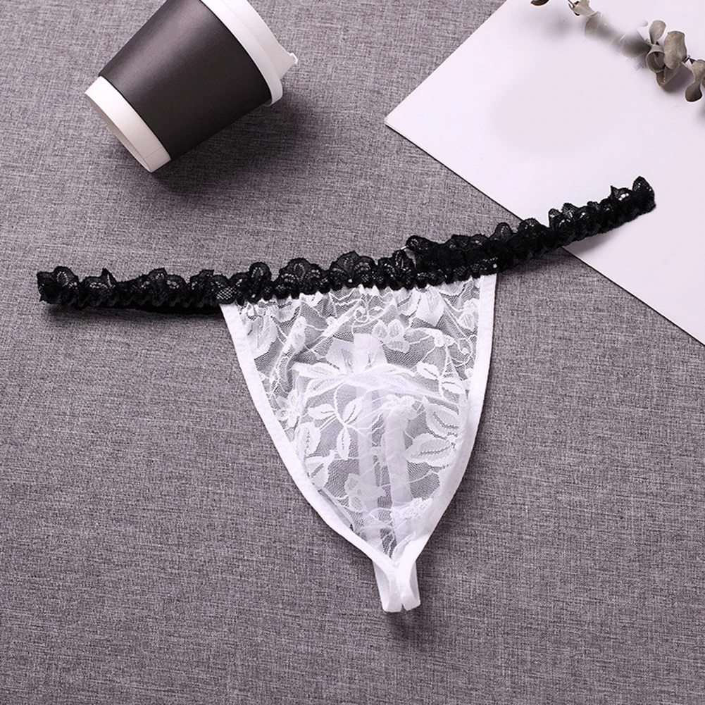 1pc Mens Sexy Lace Thong Sissy Sheer T Back G-Strings Basic Underwear Comfortable Loose See Through Exotic Pantie Gay Hot Thongs