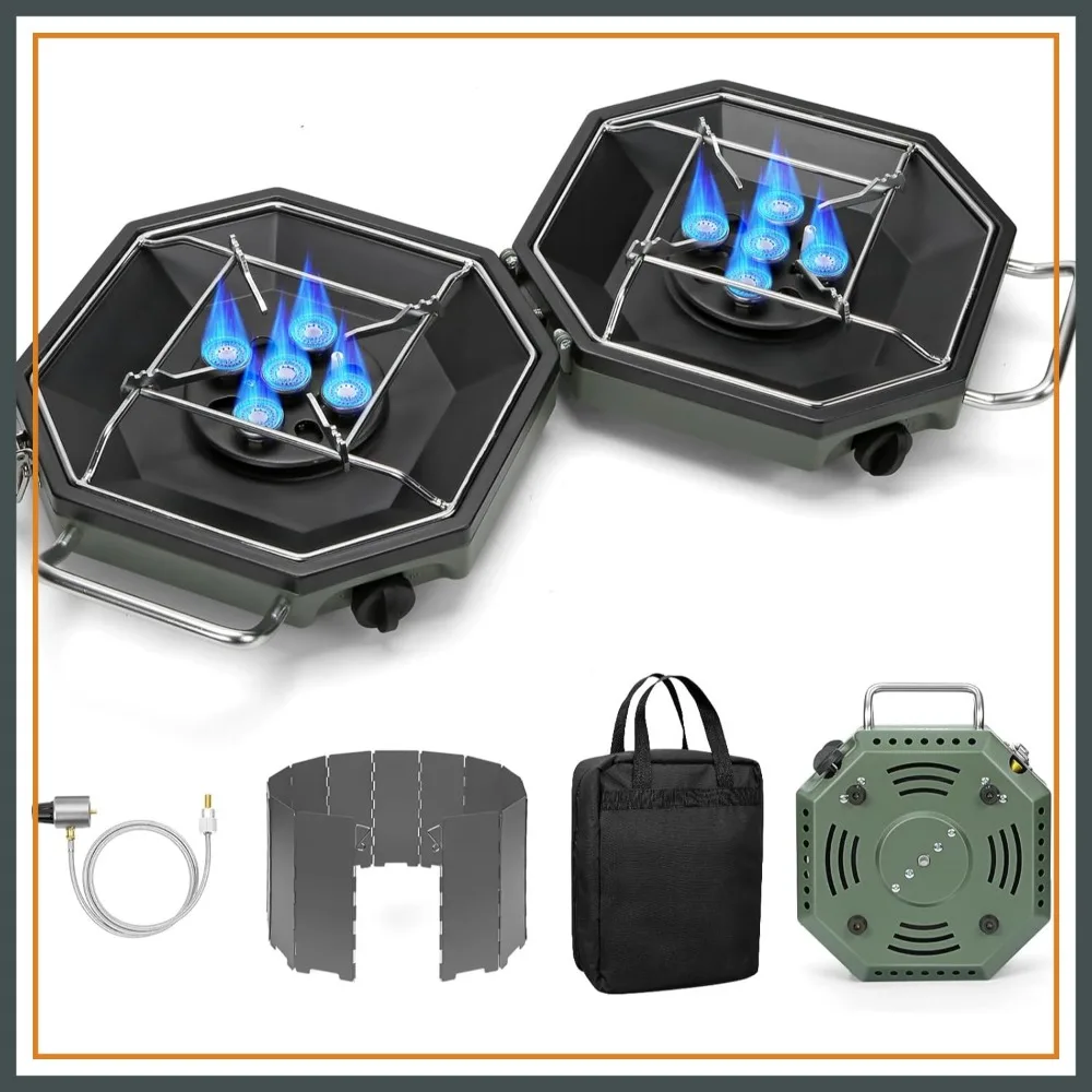 

34000BTU Foldable Camp Stove Propane Two Burner for Outdoor Cooking with Windsheild, Carrying Bag, Grates, Regulator