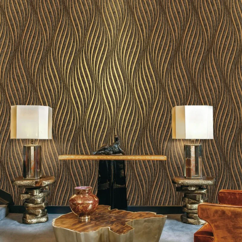 Modern Minimalist 3D Embossed Gold Gilded Wave Design Stripes Wallpapers,Elegant Decor to Living Rooms, Bars and Restaurants