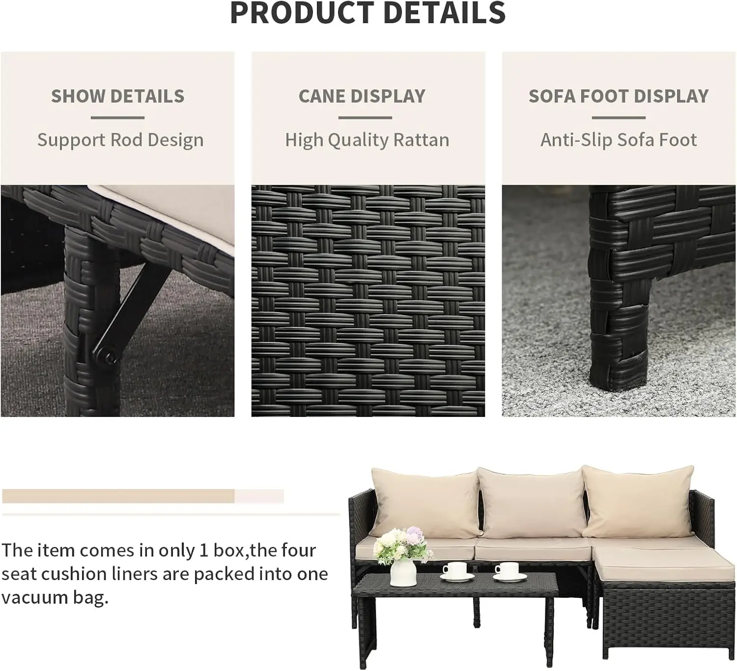 Outdoor PE Rattan Móveis Set, Pátio Wicker Conversação Loveseat, sofá secional, 3 Pcs