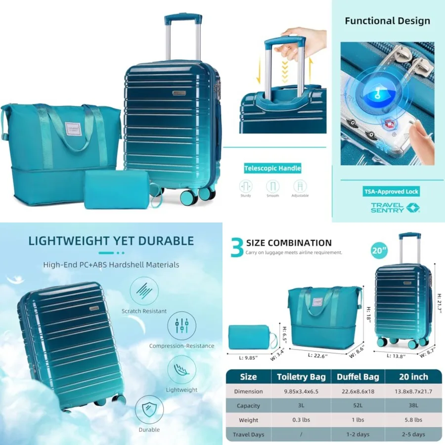

Luggage s, 20 Inch Carry on Luggage 22x14x9 Airline Approved Hardside PC+ABS Suitcase Set with Spinner Wheels TSA Lock, Lightwe