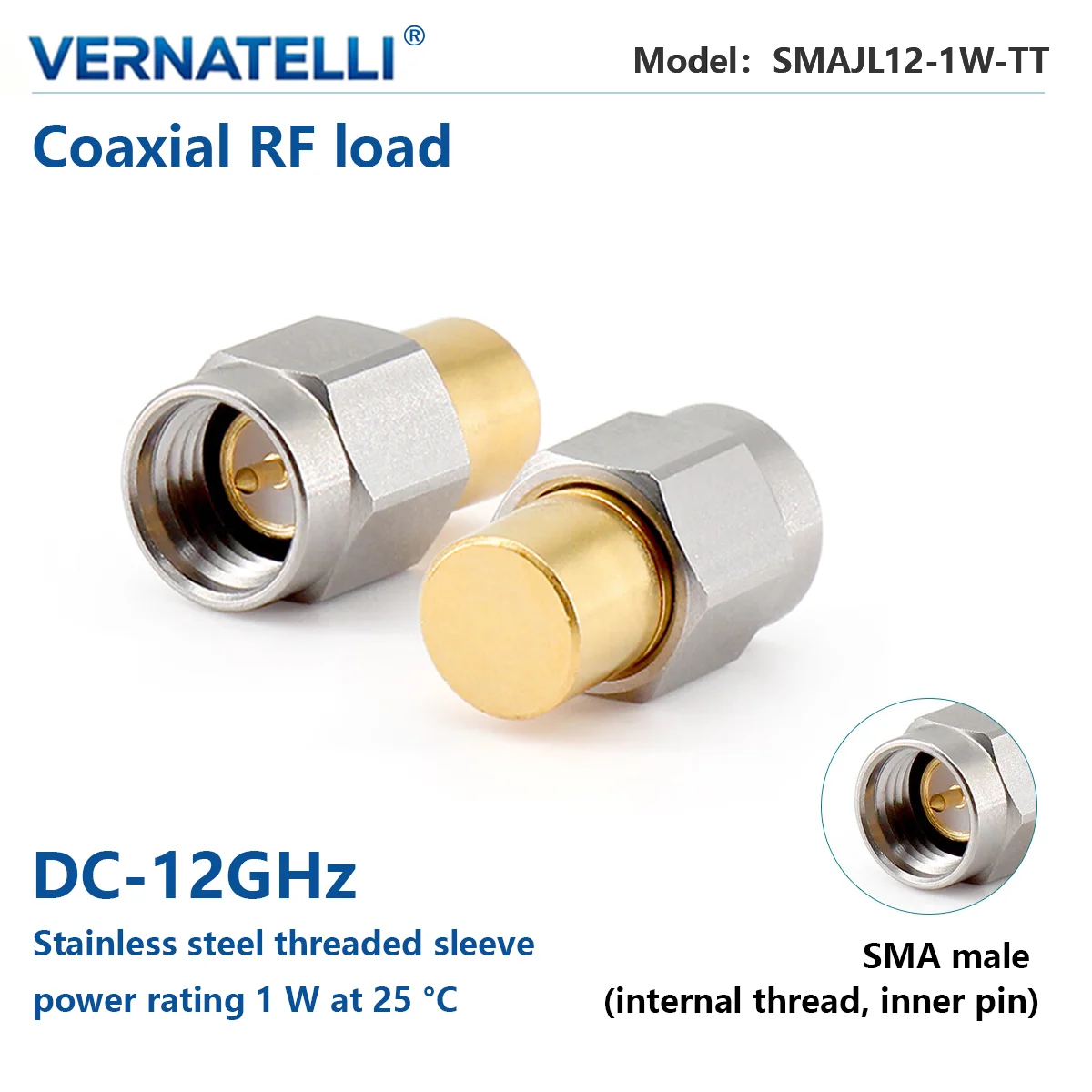 SMA Male RF Coaxial Load, DC to 12 GHz, 1 W, 50 Ohm, High Frequency Terminator (Dummy Load)