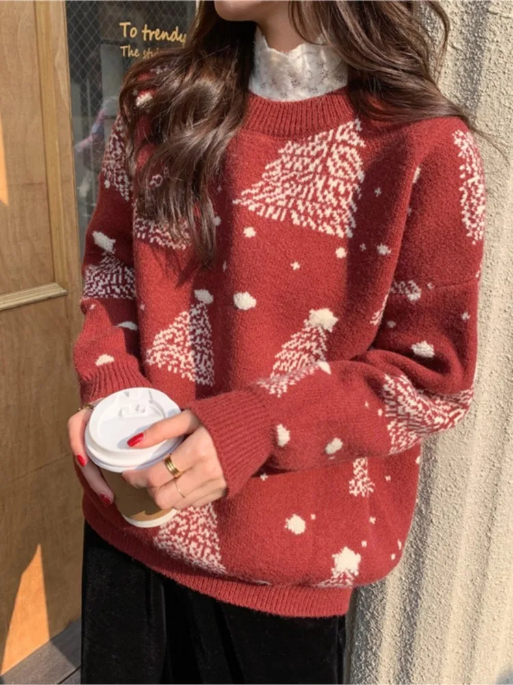 Ugly Christmas Snowflake Print Knitted Sweater Women Autumn Winter 2024 New Fashion Loose O-neck Long Sleeve Pullovers Jumper