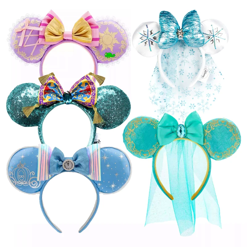 Disney Mickey Mouse Ears Headband 2025 Rapunzel Princess Bow Minnie Ear Headwear for Adult Kids Holiday Hairband