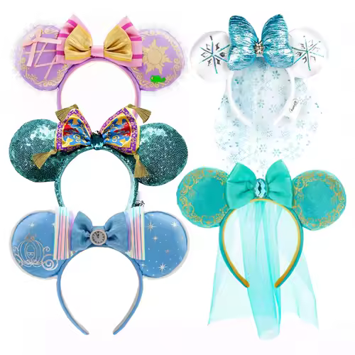2026 Mickey Mouse Ears Headband 2025 Cinderella Rapunzel Princess Bow Minnie Ear Headwear for Adult Kids Holiday Hairband - Image 18