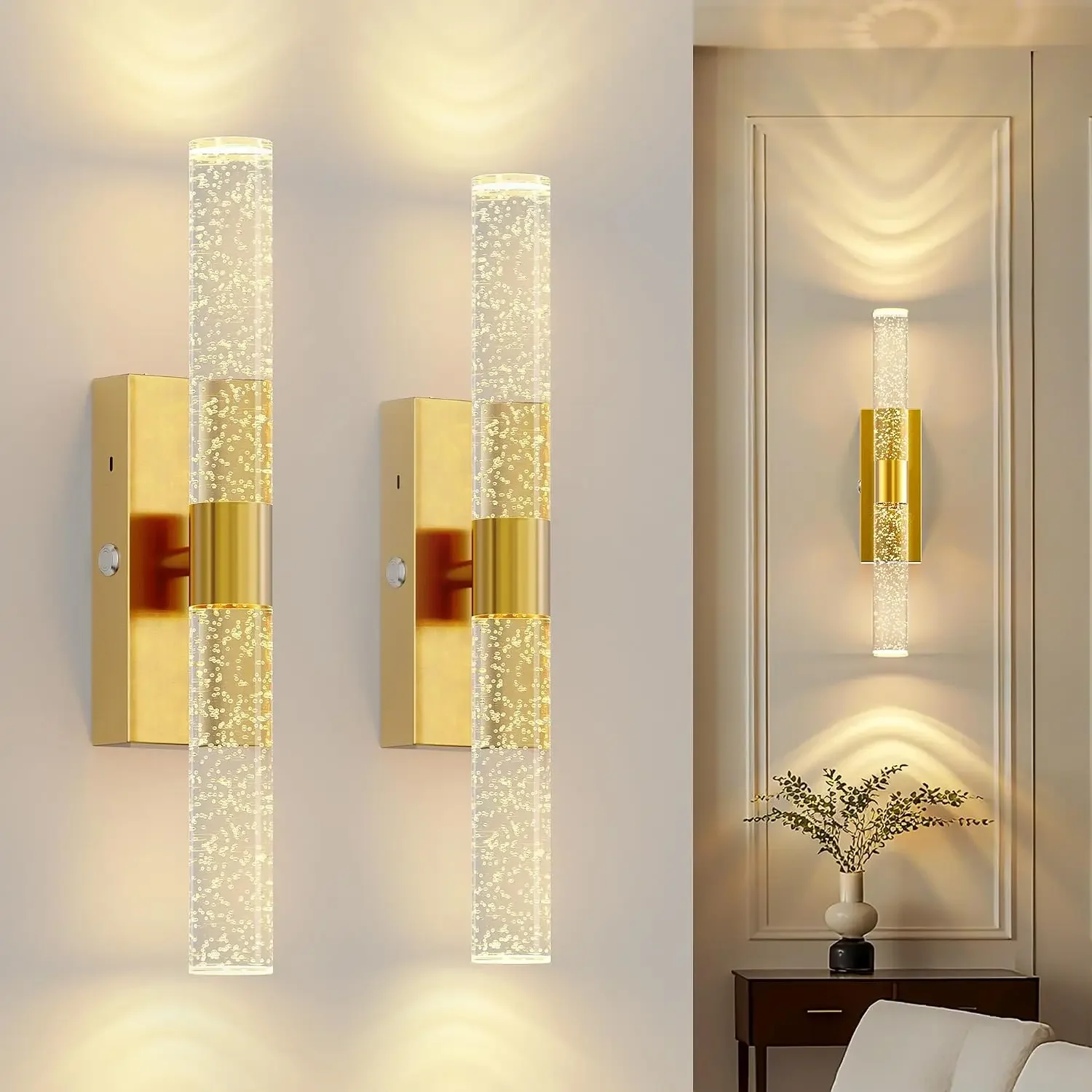 21 Inch Battery Operated Wall Sconces Set of two with 20000mAh Battery | Rechargeable Wall Lights with 3 Color - Wireless LED Ar