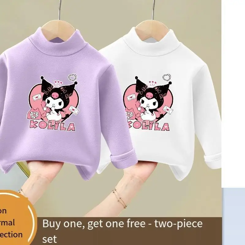 

Kuromi Base Shirt Girl Velvet Turtleneck Children Cartoon Casual Girl Cute Autumn and Winter Outside and Inside Warm Clothes