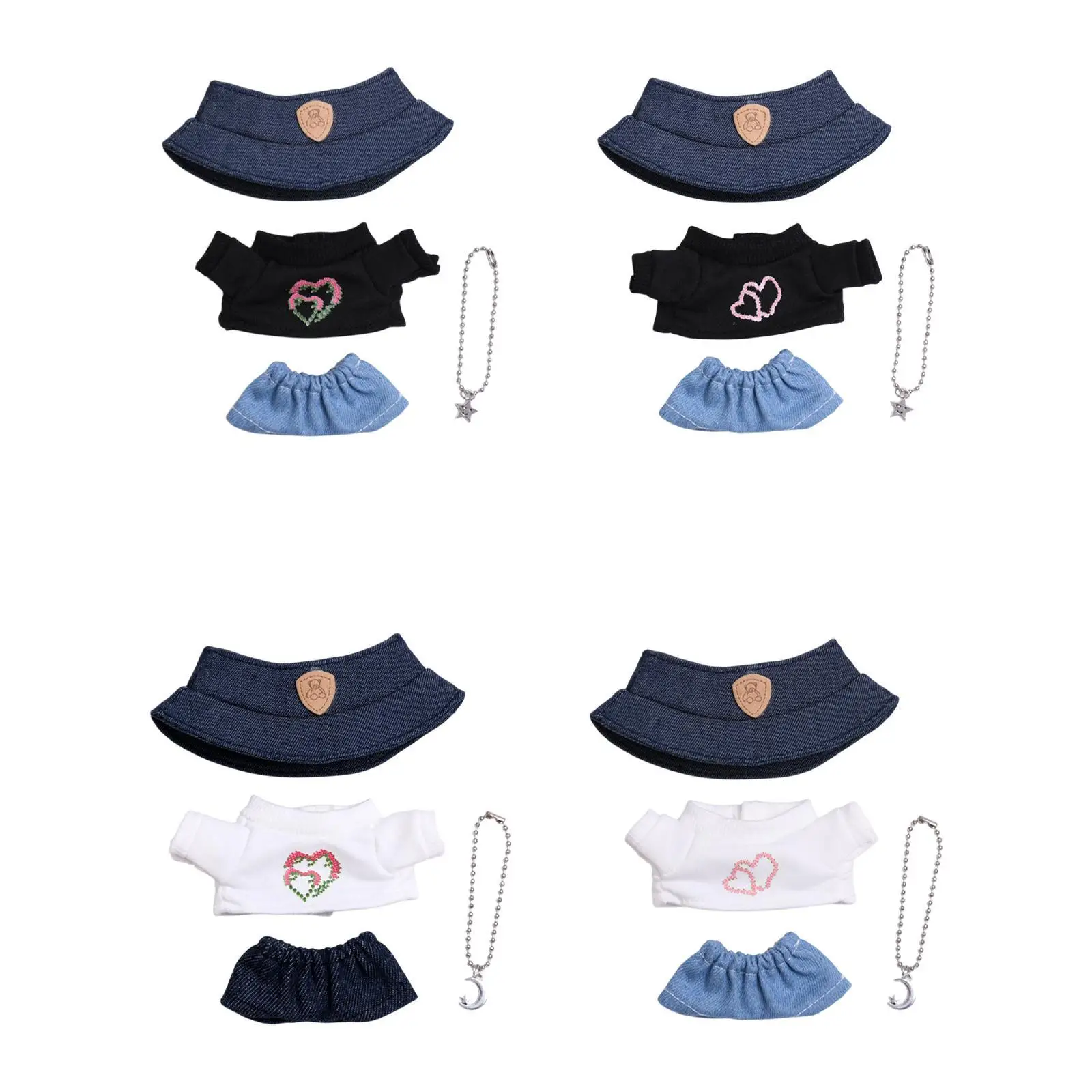 4x Girl Doll Clothes with Doll T-shirt, Jeans, Necklace, Hat Handmade Dress up Cartoon Mini for 15cm-17cm Doll Birthday Gifts