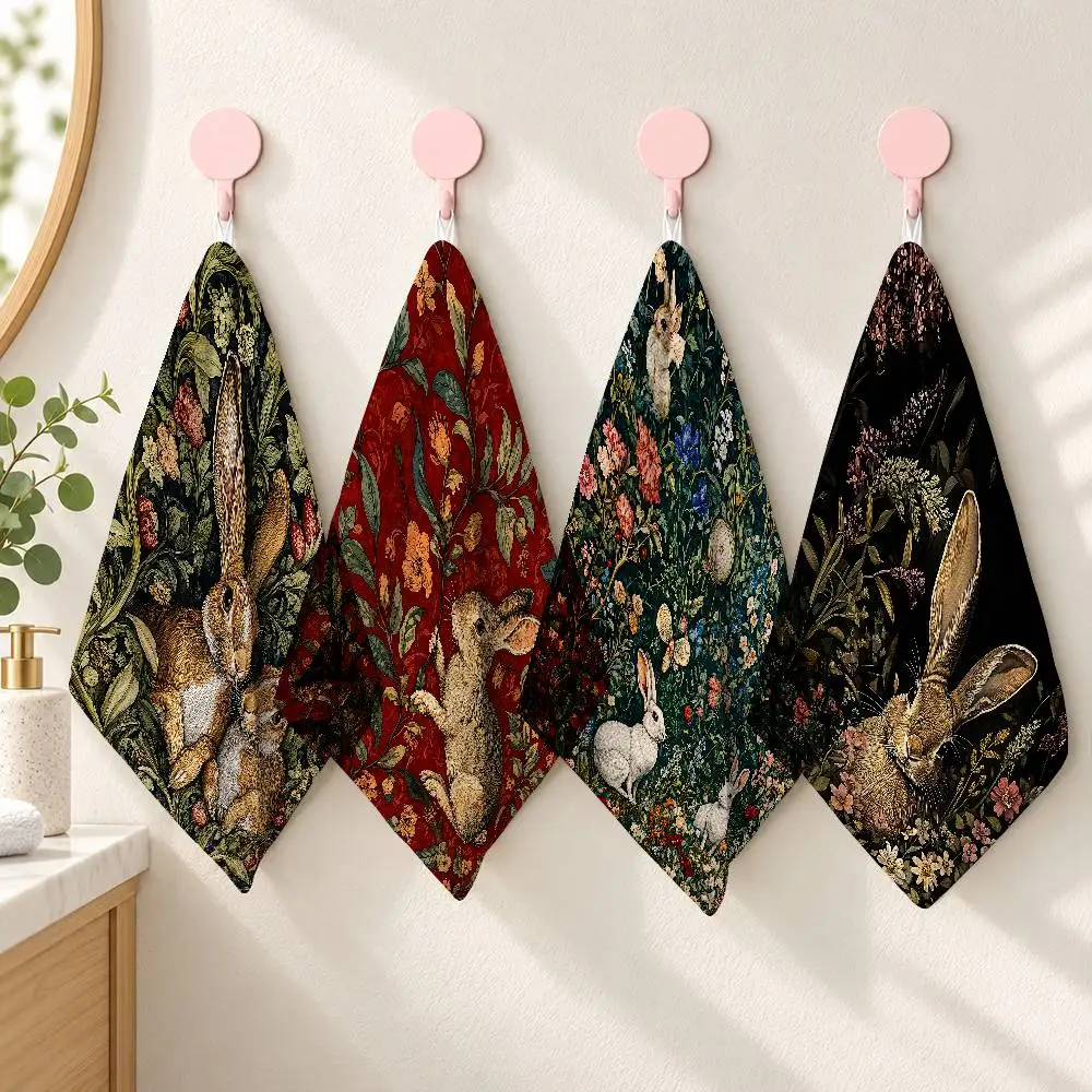 Vintage Green Plant Forest Rabbit Decorative Printed Hand Towel Polyester Cotton Small Towel For Bathroom Kitchen Wash Basin