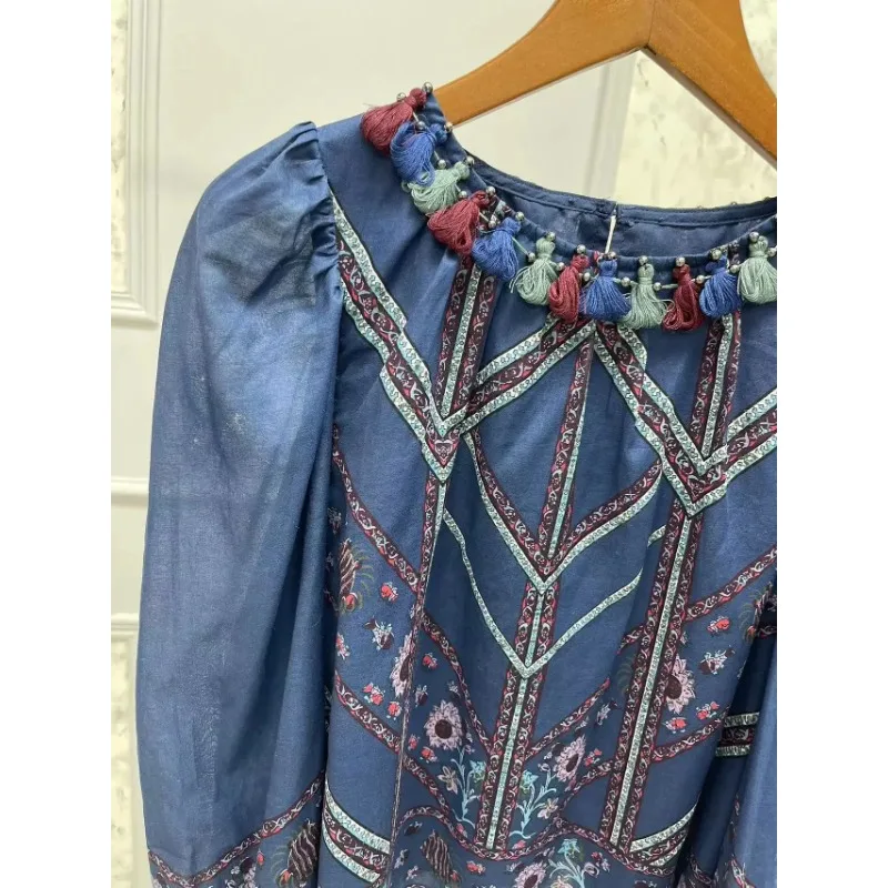 LUXURY-Retro Tassel Pullovers, Round Neck, Contrasting Flower Top, Ethnic Style, Autumn, Winter, New, 2024