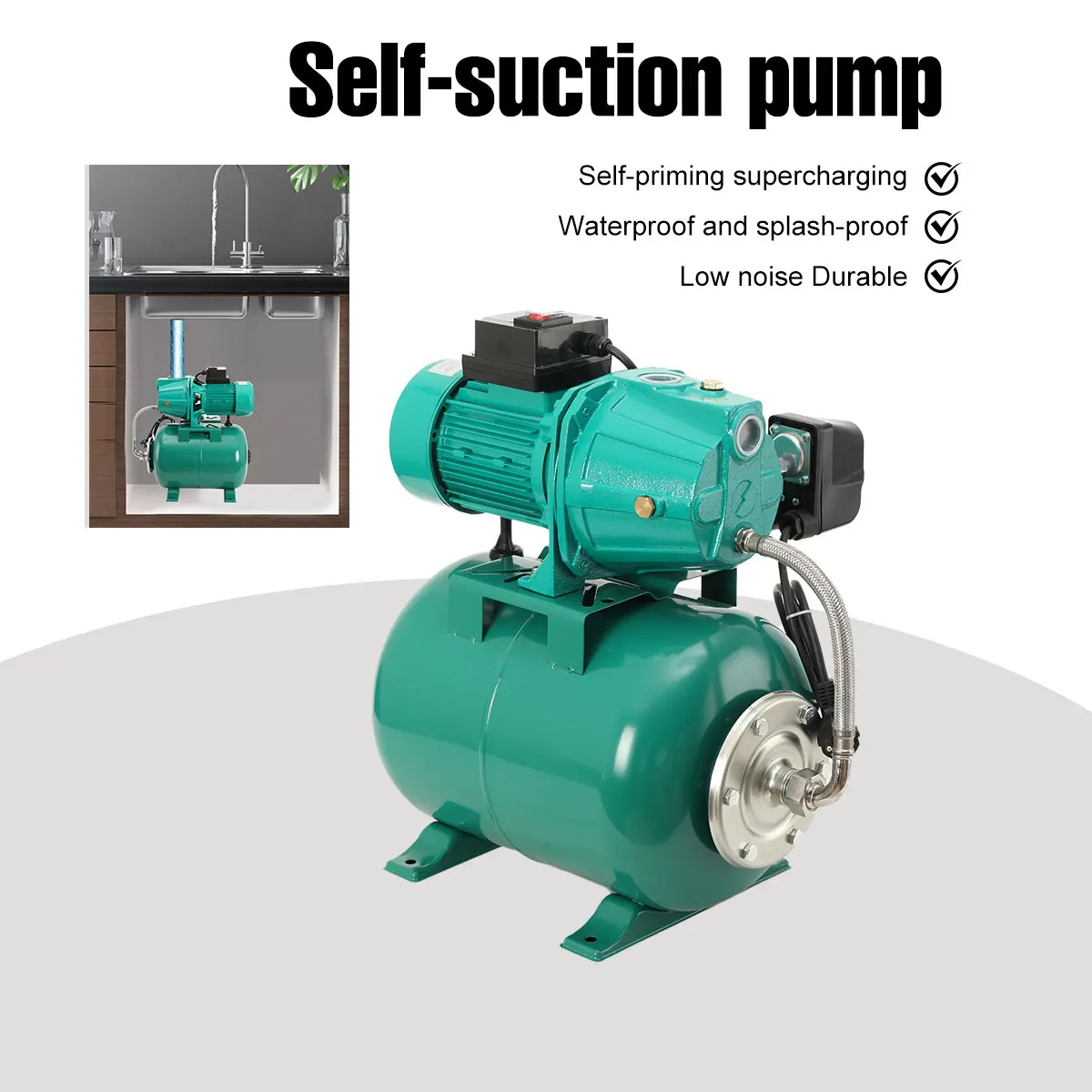 Image of Selbstansaugende Eisen-Schraubenpumpe für Haushalt und Industrie, 220 V 1100 W, zur automatischen Wasserversorgung, Gartenbewässerung, Grundwasserförderung, Hochleistungs-Hochdruckpumpe