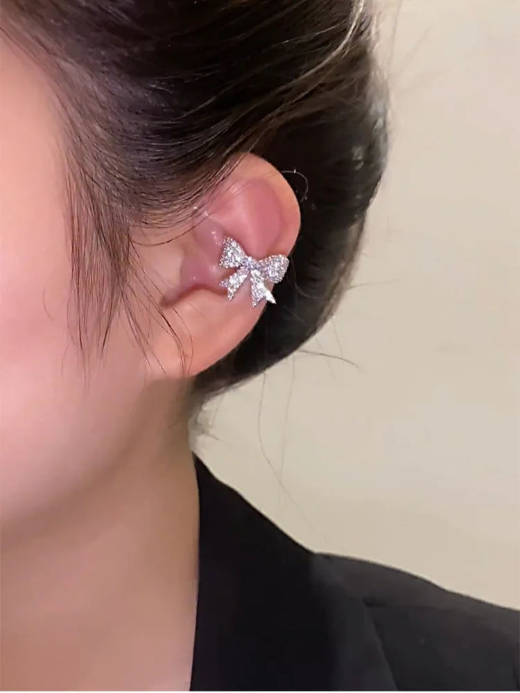 Trend Zircon Crystal Bow Ear Bone Clip Non-pierced Earring Gold Silver Color Ear Cuff For Women Girls Gift Jewelry Accessories ﻿